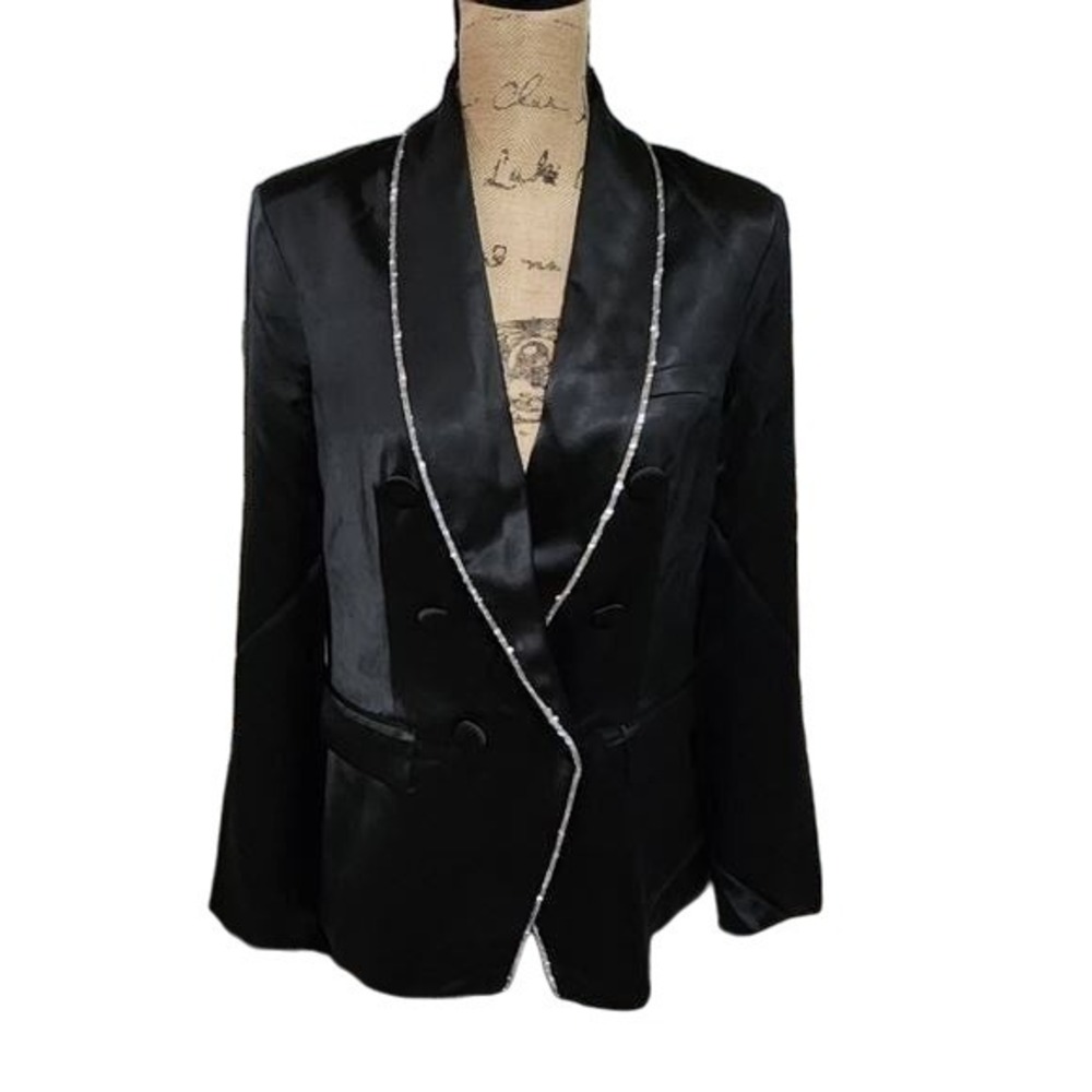 Jimmy Wu black jeweled trim double breasted‎ tuxedo blazer jacket Women's sz MED